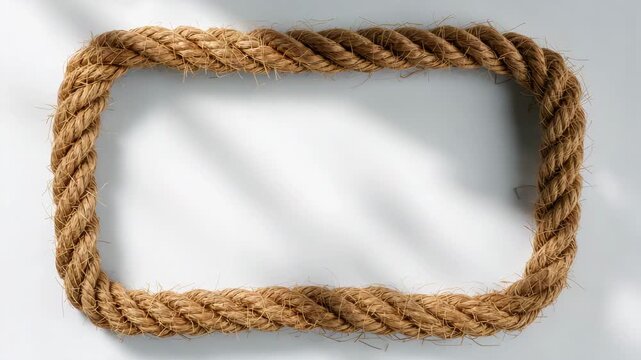 Close-up view of a rectangular rope frame against a minimalist background showcasing subtle differences in lighting and texture from beginning to end featuring natural fibers and soft neutral tones