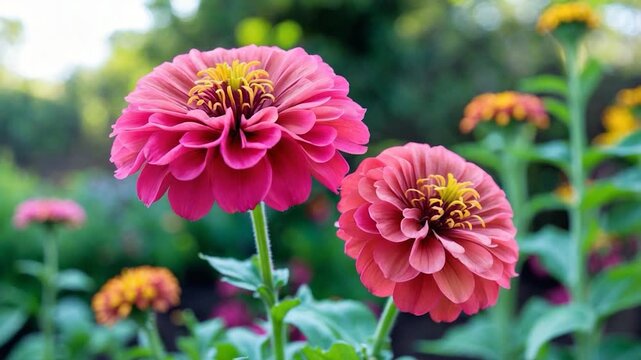 Close-up view of vibrant pink zinnia flowers blooming and expanding in a sunny outdoor garden showcasing lush green leaves soft natural light and a colorful blurred background of more flowers.