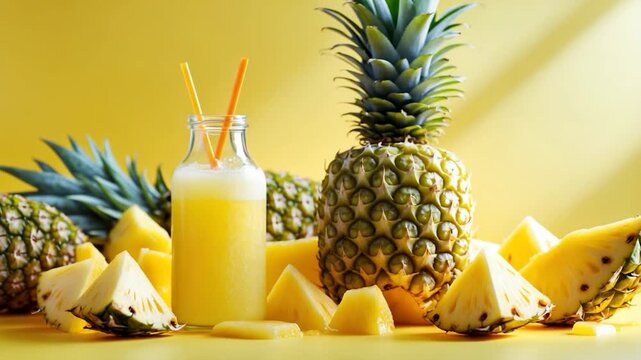 Vibrant display of ripe pineapples with fresh yellow smoothie in a glass bottle arranged on a bright yellow background with soft lighting highlighting the textures and colors of the fruit