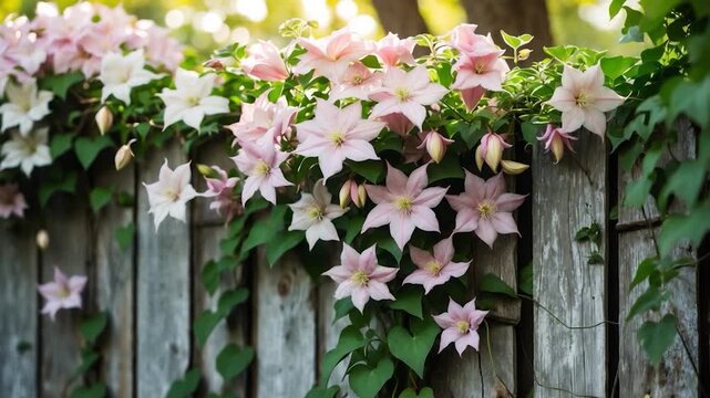 Vibrant blooming pink and white clematis flowers cascading over a weathered wooden fence in soft natural light highlighting lush green leaves in a serene outdoor garden setting.