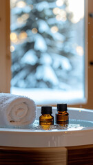 Cozy spa setting with essential oil bottles and rolled towel on wooden surface, against snowy window backdrop