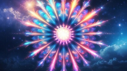 Vibrant cosmic mandala design glowing with radiant colors in a starry sky featuring swirling patterns and luminous bursts of pink blue and orange in a mesmerizing symmetrical layout - Powered by Adobe