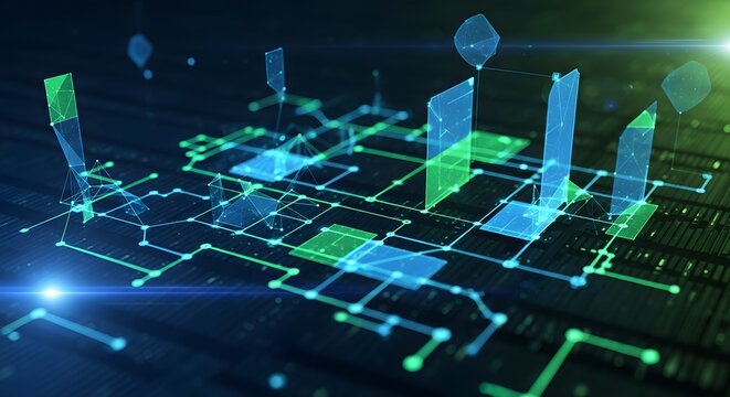 Abstract technology network with glowing nodes and connections representing data flow and digital communication - Powered by Adobe