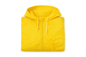 Yellow folded zip-up hoodie presenting casual fashion comfortable apparel with drawstring hood and pockets, transparent background