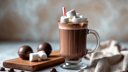 Close-up of a glass mug filled with hot cocoa topped with marshmallows and a red straw with chocolate truffles and marshmallows on a wooden board against a soft beige background - Powered by Adobe