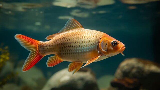 Vibrant orange and silver fish swimming gracefully through a clear underwater environment surrounded by smooth stones and soft light showcasing detailed scales and fins in a serene aquatic setting.