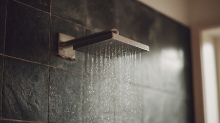 Close-up of a showerhead attached to a black tiled wall. the showerhead is made of metal and has a rectangular shape with a curved top.