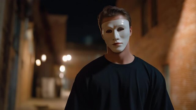 Person wearing a plain white mask and dark clothing while standing in a dimly lit alley filled with shadows, evoking anonymous secrecy, hidden identity, mysterious persona, and the symbolic
