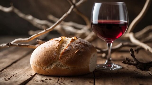 Freshly baked round bread loaf next to a glass of red wine on a rustic wooden table surrounded by twigs with soft natural lighting highlighting textures and colors throughout