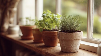 Fototapeta premium Window sill with three potted plants on it. the window is open and the view outside is blurred, but it appears to be a garden or a greenhouse.