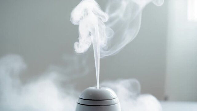 Close-up of a modern white essential oil diffuser emitting aromatic mist in a softly lit indoor setting showcasing fluid smoke patterns against a minimalistic background