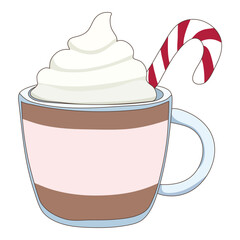 Cup of hot chocolate with whipped cream and candy cane. Vector illustration.