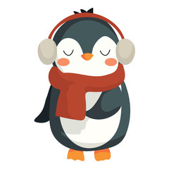 Cute penguin in warm scarf and hat. Vector illustration.