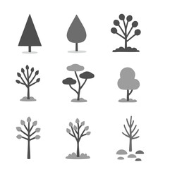 A collection of nine distinct grayscale tree icons with various shapes and styles, representing different plant forms.