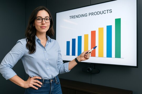 Confident businesswoman presenting colorful bar graph of trending products on digital screen in modern office environment during analysis meeting. Ai generative