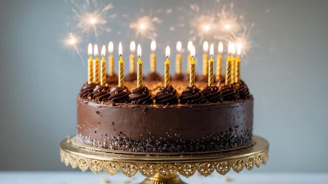 Chocolate birthday cake with golden candles and sparklers elegantly presented on a decorative stand illuminated by soft light against a neutral background showcasing the festive decoration and details