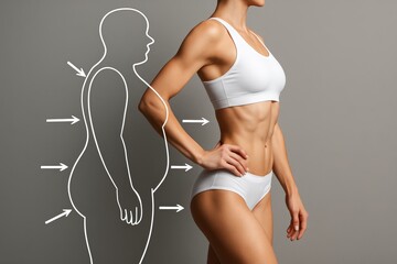 Fit woman in white sportswear with weight loss outline showing transformation on gray background, symbolizing fitness progress and body sculpting. Ai generative