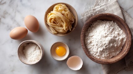 Flat lay of ingredients for baking on a white marble countertop. on the left side of the image, there are three brown eggs and two small bowls of flour.