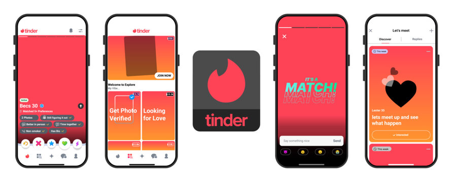 Tinder Mobile Mockup & Tinder iPhone Frame Template Pack &mdash; a clean Tinder-style set featuring profile cards, explore page, match screen, and discover layouts for social media creators