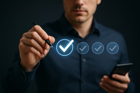 Businessman selecting digital checkmark using stylus while holding smartphone, symbolizing success, validation, or task completion in technology concept. Ai generative