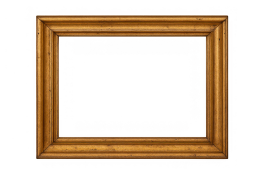 Golden vintage picture frame with classic design, empty wooden border on transparent background, adding artistic element to presentation