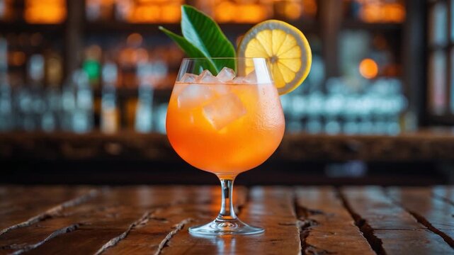 Close-up of a vibrant orange cocktail in a glass garnished with a lemon slice and green leaves on a rustic wooden table with a blurred bar background creating a warm inviting atmosphere