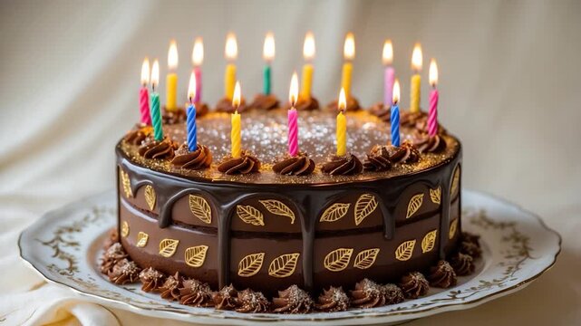 Beautifully decorated chocolate birthday cake with colorful candles glowing warmly adorned with patterned leaves on an elegant porcelain plate against a soft neutral background