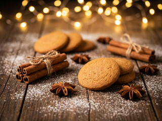 Christmas cookies with cinnamon and star anise on a rustic wooden table with powdered sugar and warm festive lights. Cozy holiday atmosphere and traditional winter dessert