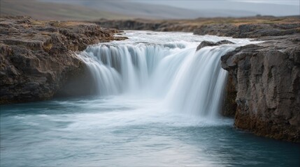 Photograph of a waterfall cascading down a rocky cliff. the waterfall is in the center of the image, with the water flowing over the rocks on either side.