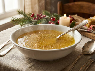 “Hot capon broth served in a white bowl on an elegant Christmas table with natural daylight, steam, festive decorations and warm holiday atmosphere. Traditional Italian winter comfort food.