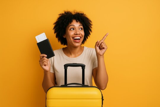 Happy woman holding passport and suitcase pointing excitedly while preparing for travel on vibrant yellow background. Ai generative. Ai generative - Powered by Adobe