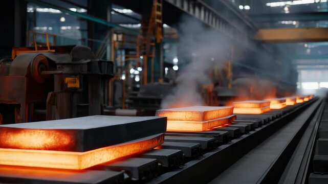 Steel slabs glowing from furnace heat slide along a conveyor belt in a foundry, symbolizing metallurgy, industrial strength, the raw power of heavy industry, and the fiery origins of