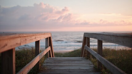 Fototapeta premium Wooden boardwalk leading to the ocean at sunset. the boardwalk is made of light-colored wood and has two wooden railings on either side.