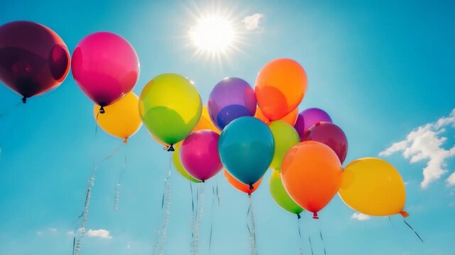 Colorful helium balloons floating against a bright blue sky with soft clouds and sunlight shining capturing a whimsical outdoor celebration atmosphere in a dynamic upward movement