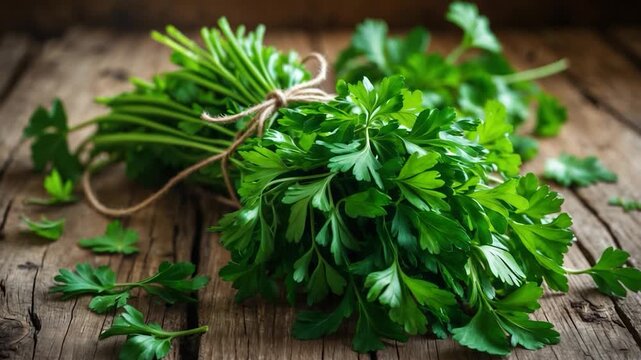 Close-up of fresh green parsley bunch tied with twine on rustic wooden table showcasing vibrant leaves soft natural light and scattered parsley leaves in the composition
