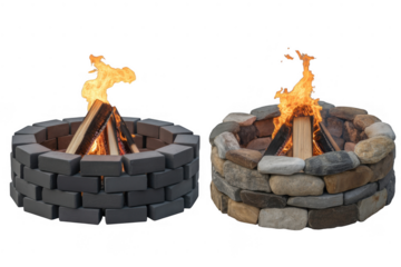 Two fire pits with burning logs isolated on a transparent background