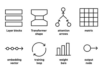 Fototapeta premium Neural network elements: diagrams of layers, loops, and nodes