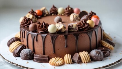 Decadent chocolate cake adorned with colorful candies and gourmet cookies featuring smooth ganache drips styled on a white plate under soft natural lighting