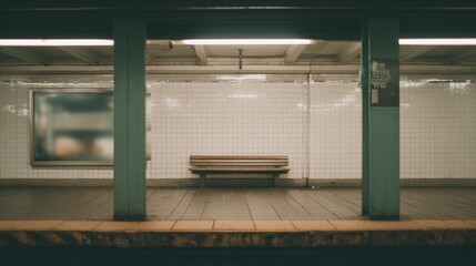Empty subway station with a wooden bench in the center. the bench is made of wood and is placed against a white tiled wall.