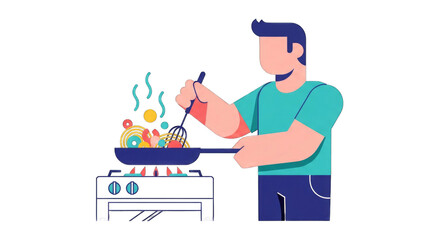 Man cooking food in a pan on a stove.