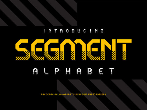 Vector of stylized modern tech alphabet design with uppercase and numbers