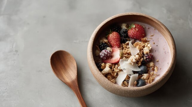 Bowl of granola with a wooden spoon on the side. the bowl is made of light-colored wood and has a smooth texture.