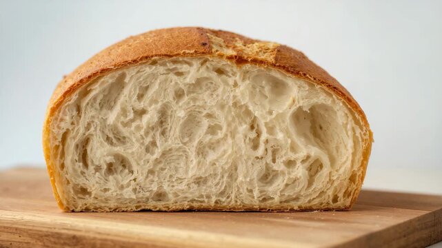 Freshly baked loaf of bread displayed on wooden cutting board with soft natural light emphasizing the golden crust and airy texture from various angles showing the interior close-up view