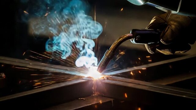 Close up of a welder's gloved hand operating a welding torch creating bright sparks and blue smoke during