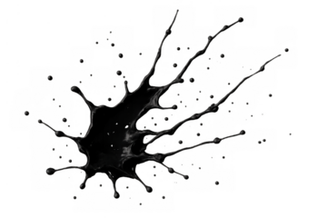 Black ink splash with irregular tendrils and small droplets creating an abstract paint splatter, transparent background