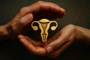 Fototapeta premium Hands protecting golden uterus symbol, representing women health and reproductive care with warm lighting and dark background