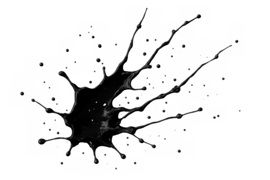 Black ink splash with irregular tendrils and small droplets creating an abstract paint splatter, transparent background