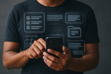 Man using smartphone with futuristic digital interface icons and data management symbols on dark background, symbolizing mobile technology concept. Ai generative