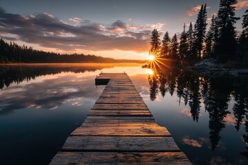 Fototapeta premium Scenic lakeside view with wooden dock, silhouetted trees, and a brilliant sunset
