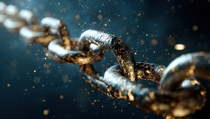 Close-up of metallic chain links with golden particles, blurred bokeh background